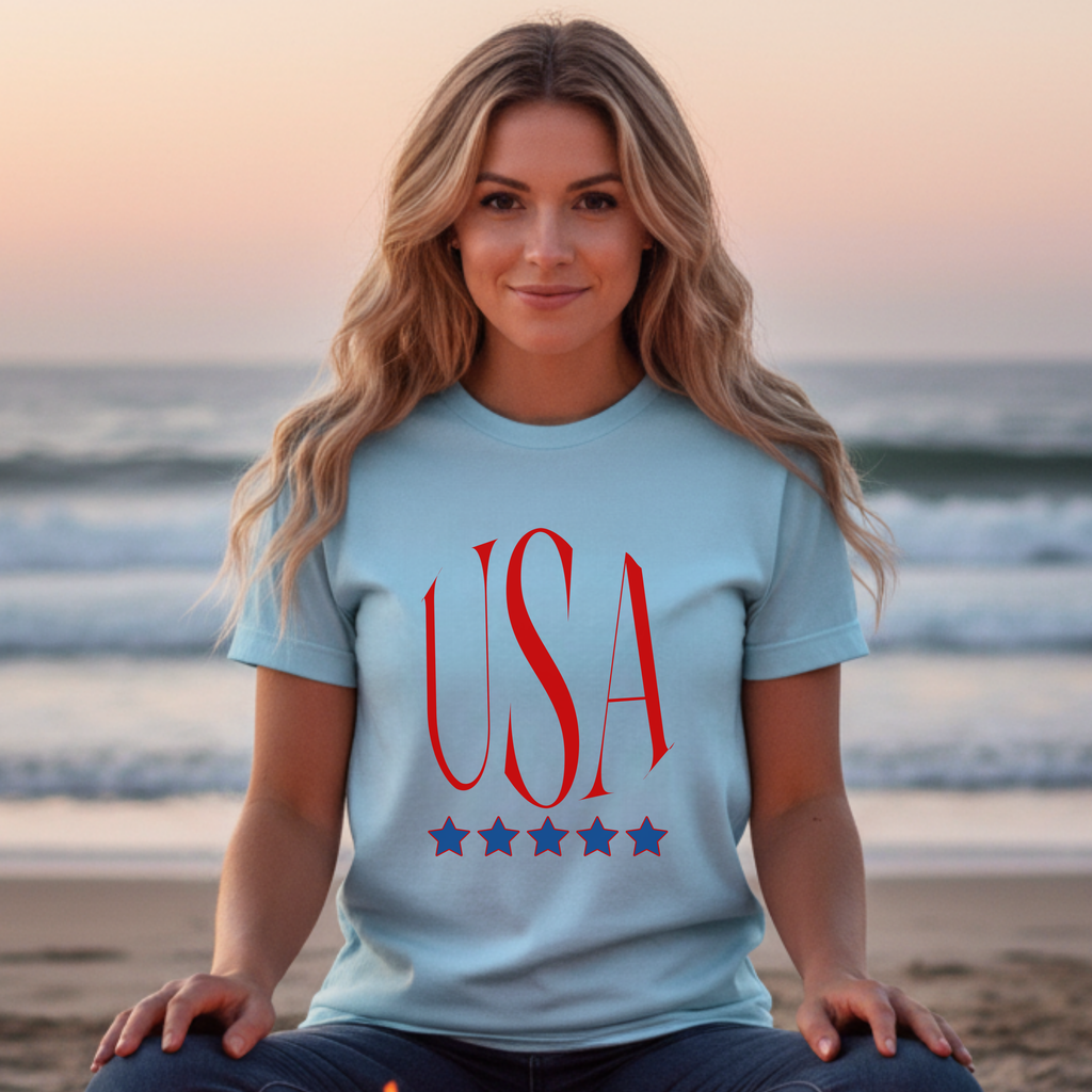 USA Patriotic T-Shirt — Red Script Logo with Five Blue Stars
