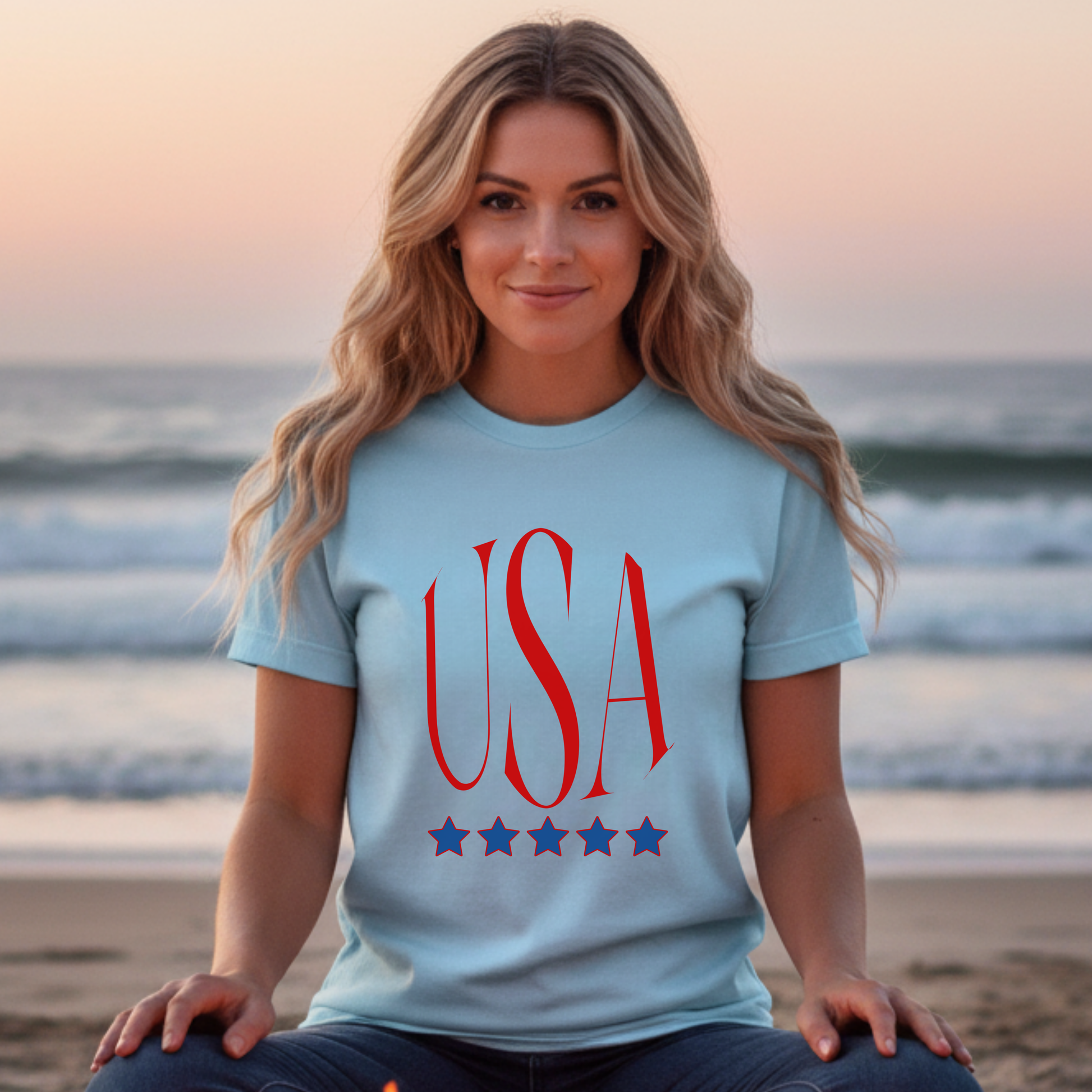 USA Patriotic T-Shirt — Red Script Logo with Five Blue Stars