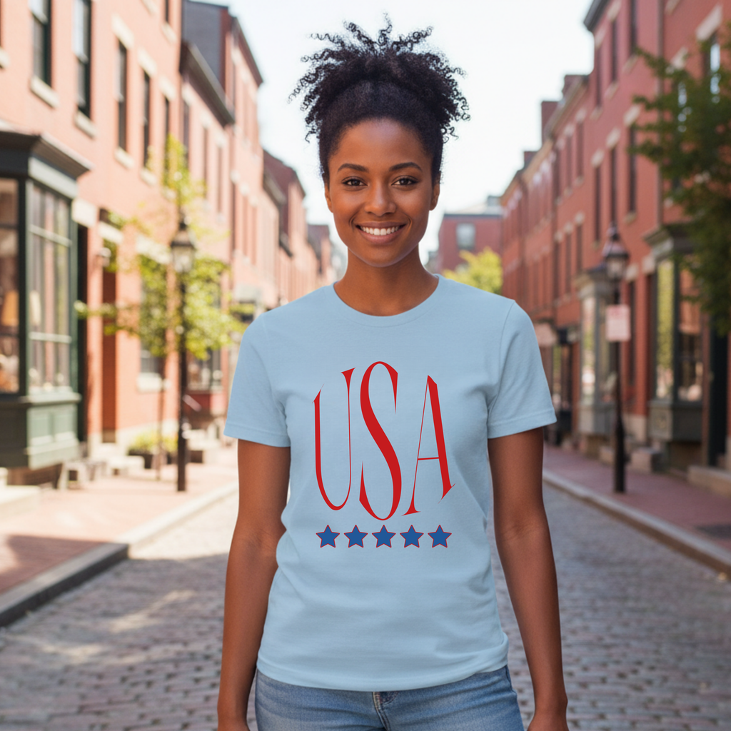 USA Patriotic T-Shirt — Red Script Logo with Five Blue Stars