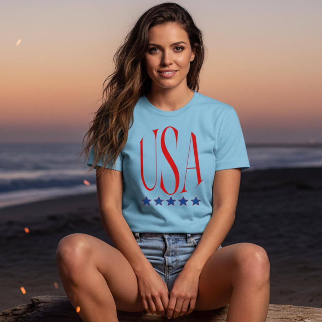 USA Patriotic T-Shirt — Red Script Logo with Five Blue Stars
