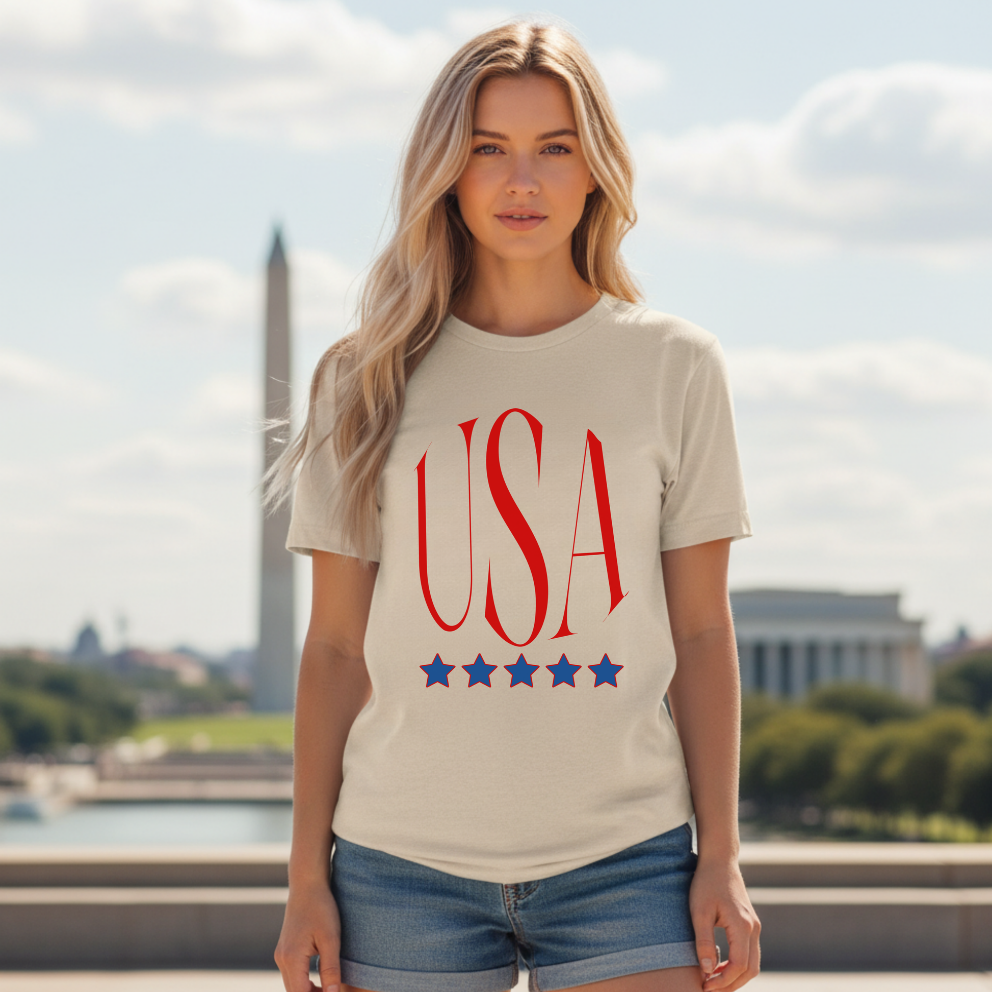 USA Patriotic T-Shirt — Red Script Logo with Five Blue Stars