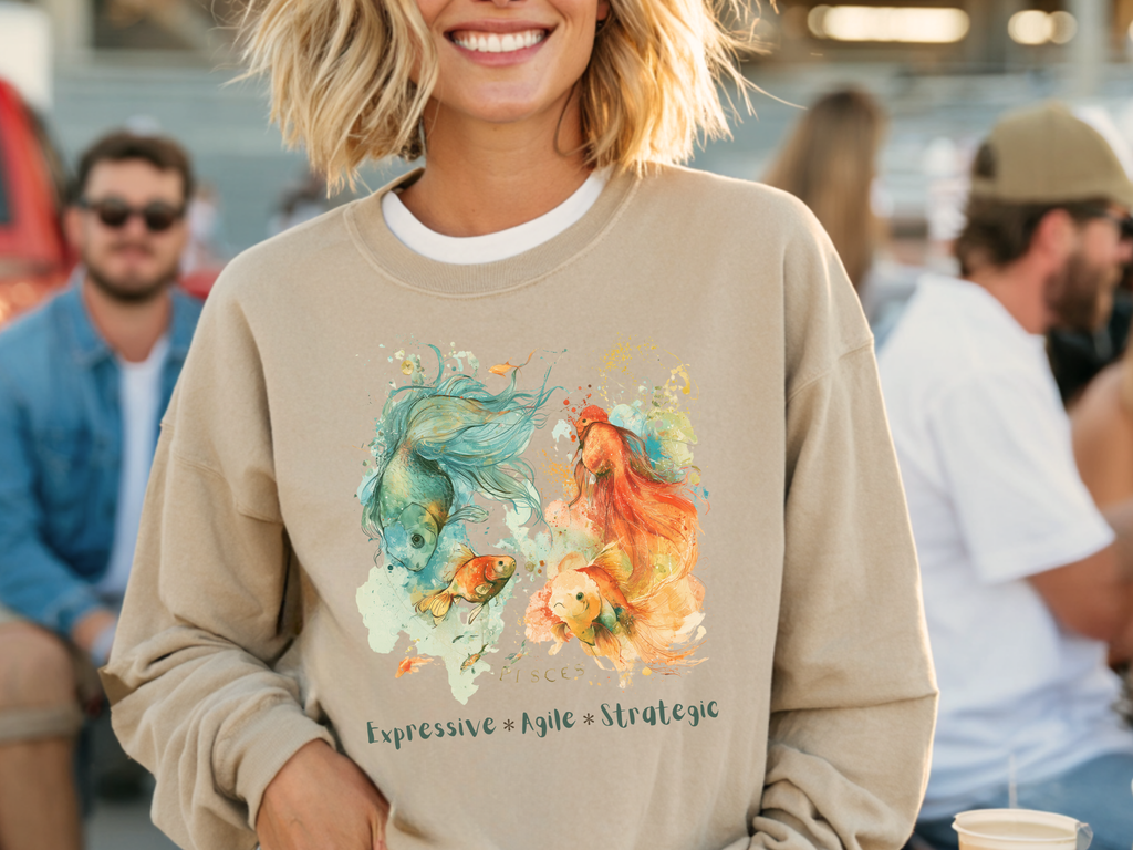 Horoscope inspired Pisces Watercolor Crewneck Sweatshirt — 'Impressive • Agile • Strategic' Giftable zodiac birthdays apparel