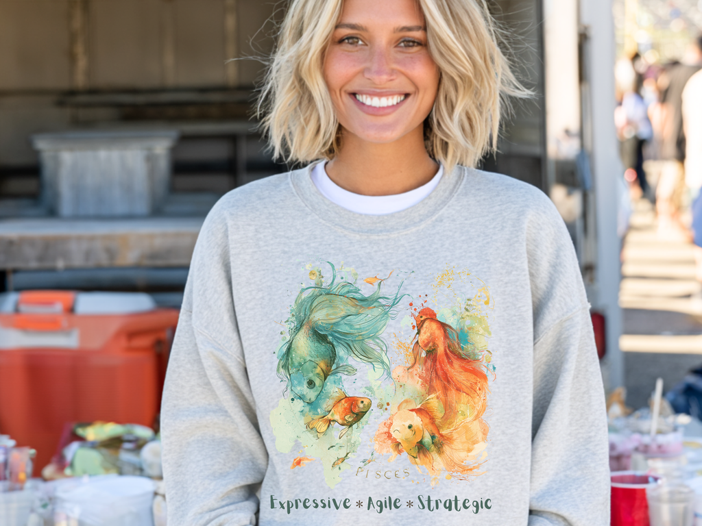 Horoscope inspired Pisces Watercolor Crewneck Sweatshirt — 'Impressive • Agile • Strategic' Giftable zodiac birthdays apparel