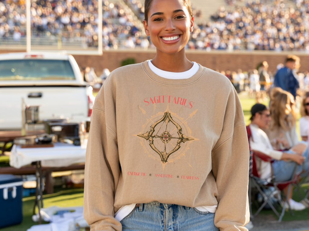 Vintage inspired Zodiac Saggitarius Crewneck Sweatshirt — Horoscope graphic for birthdays & life celbrations