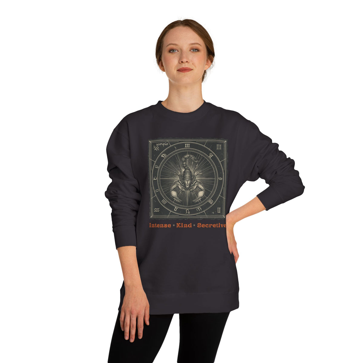 Vintage inspired Horoscope for Scorpio Sweatshirt — Intense • Kind • Secretive Giftable Zodiac crew unisex sweatshirt