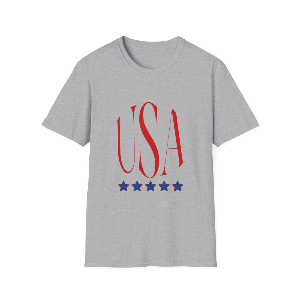 USA Patriotic T-Shirt — Red Script Logo with Five Blue Stars