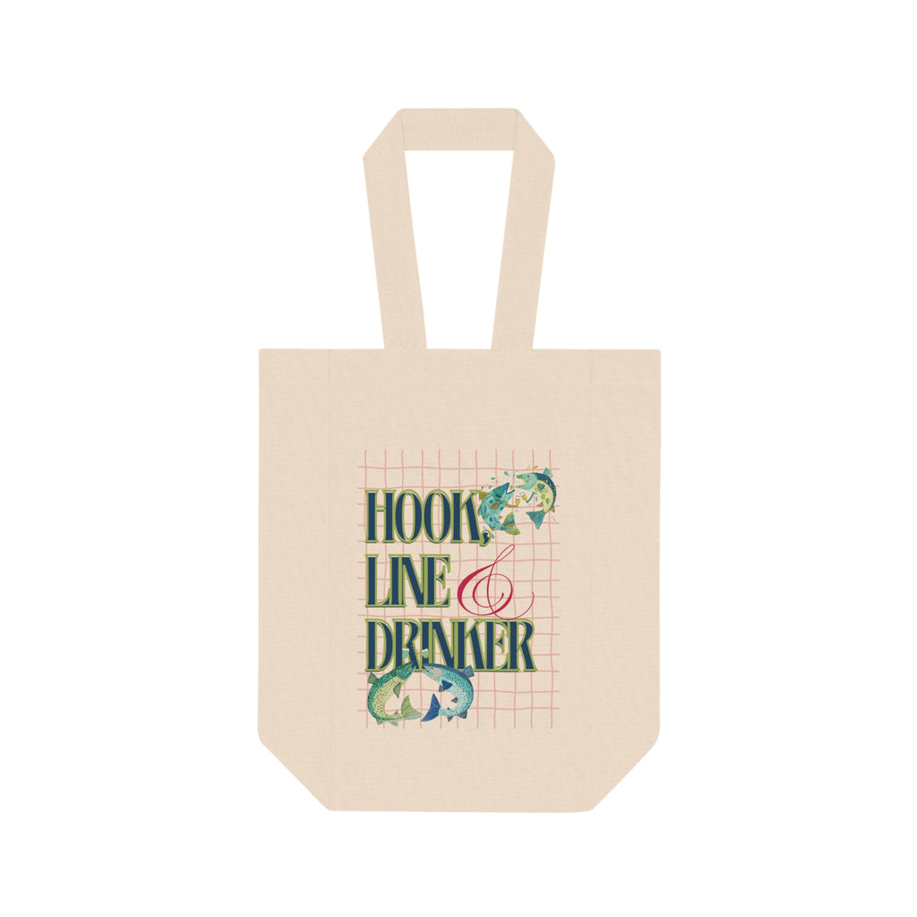 Double Wine Tote Bag — "Hook, Line & Drinker" Beach Fishing Wine Carrier