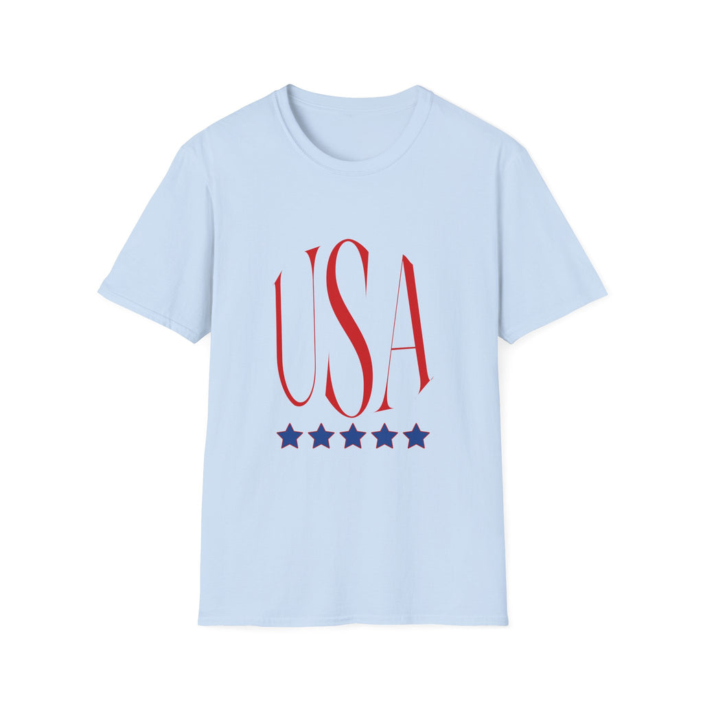 USA Patriotic T-Shirt — Red Script Logo with Five Blue Stars