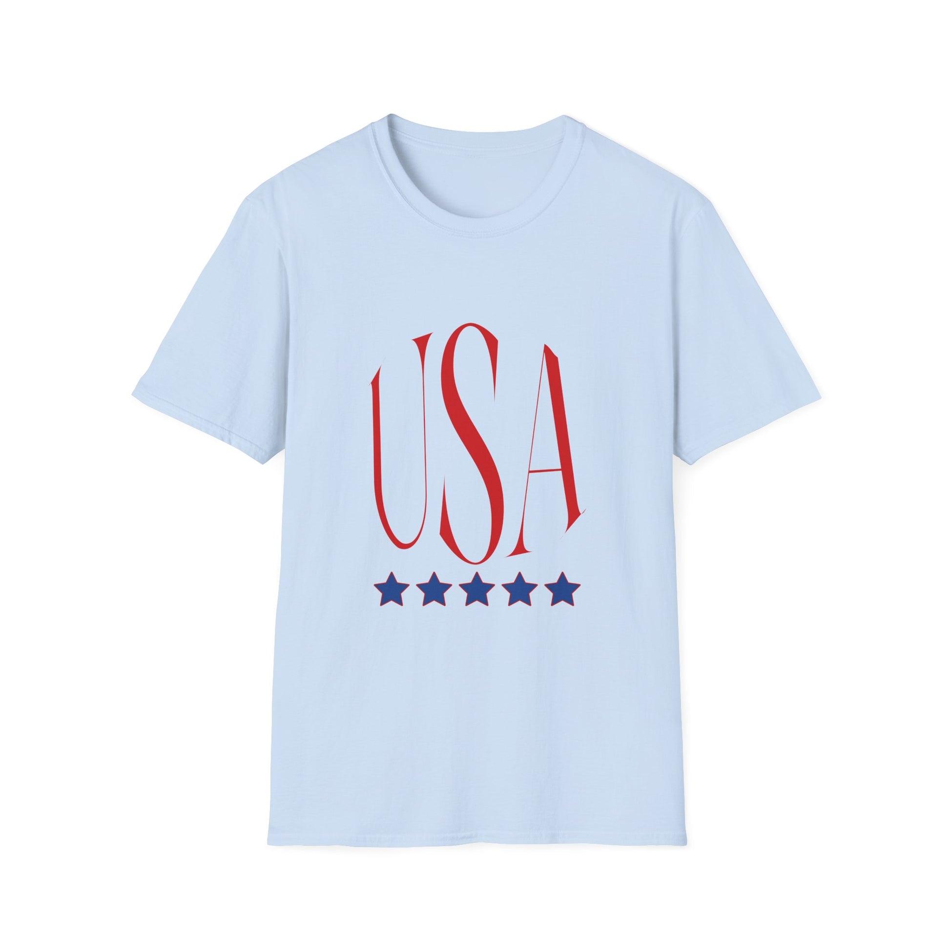 USA Patriotic T-Shirt — Red Script Logo with Five Blue Stars