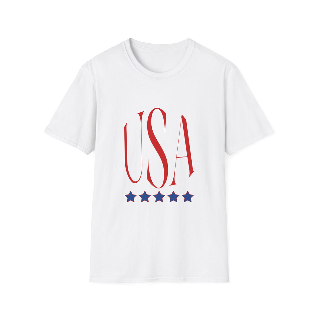 USA Patriotic T-Shirt — Red Script Logo with Five Blue Stars
