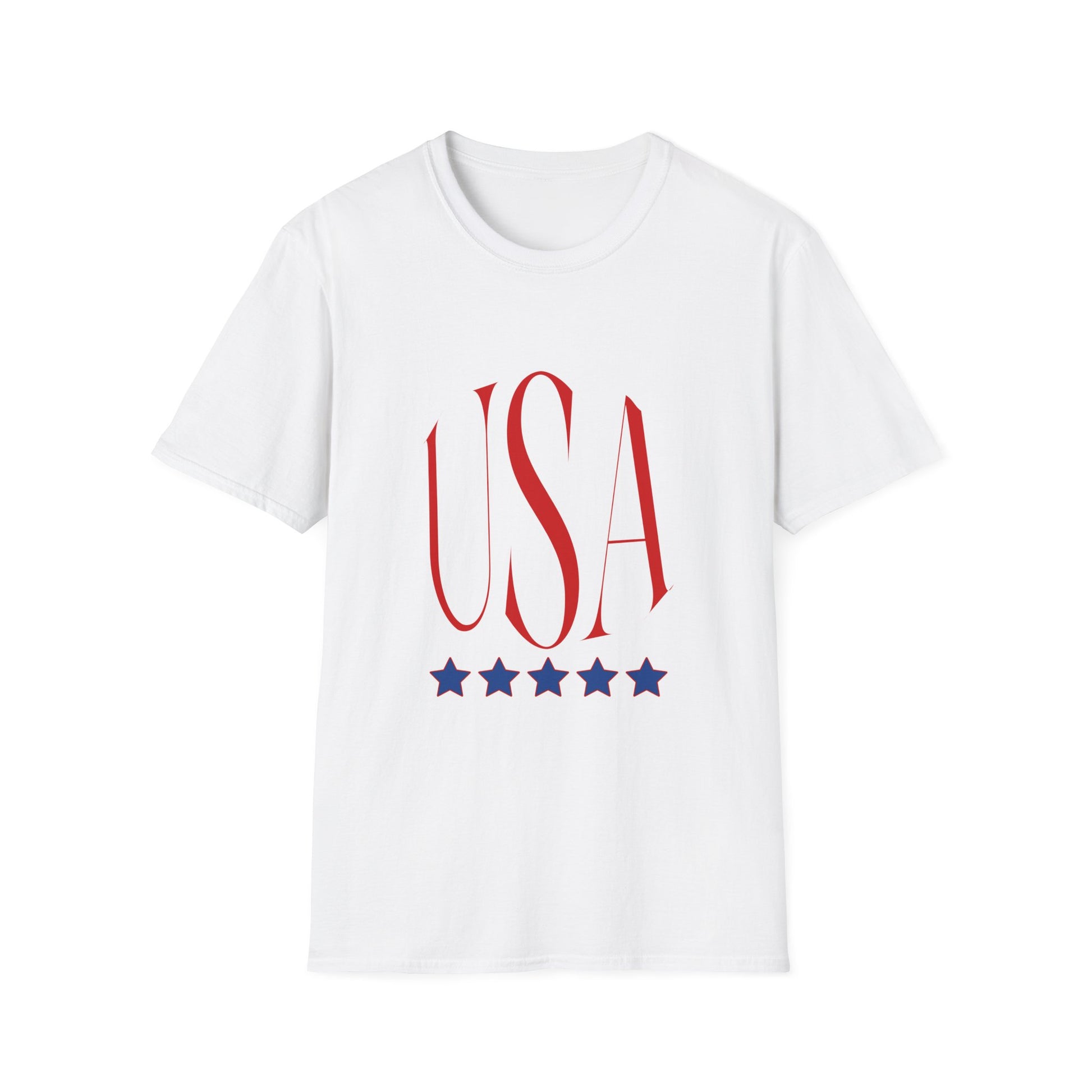 USA Patriotic T-Shirt — Red Script Logo with Five Blue Stars