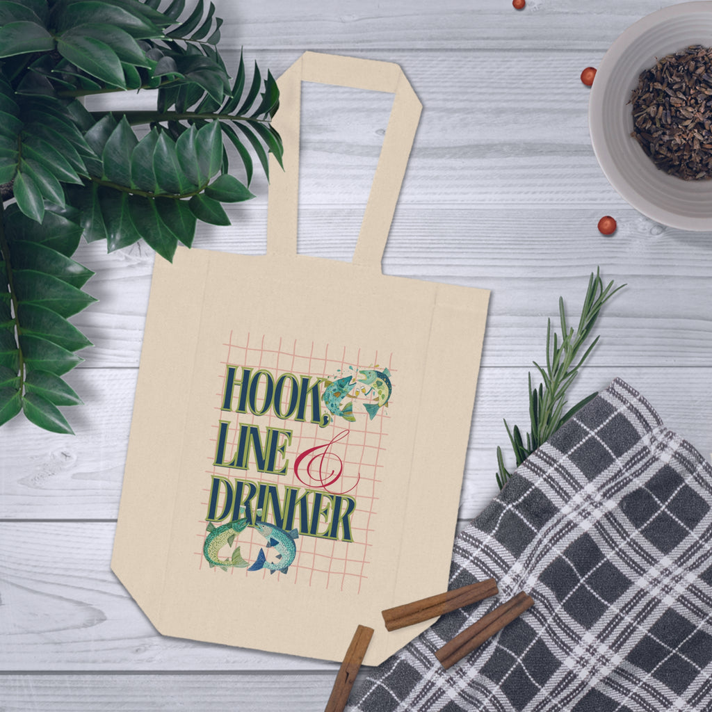 Double Wine Tote Bag — "Hook, Line & Drinker" Beach Fishing Wine Carrier